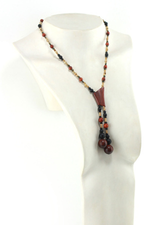 Collier cravate tribal en bois de padouk et perles