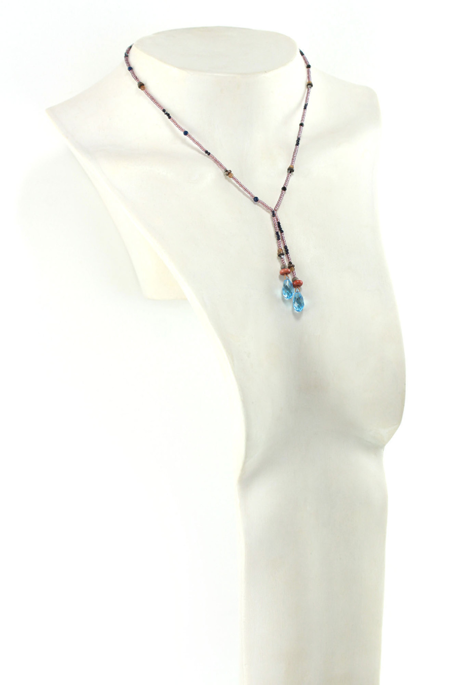 Collier lariat Royal en Cristal Bleu et perles naturelles