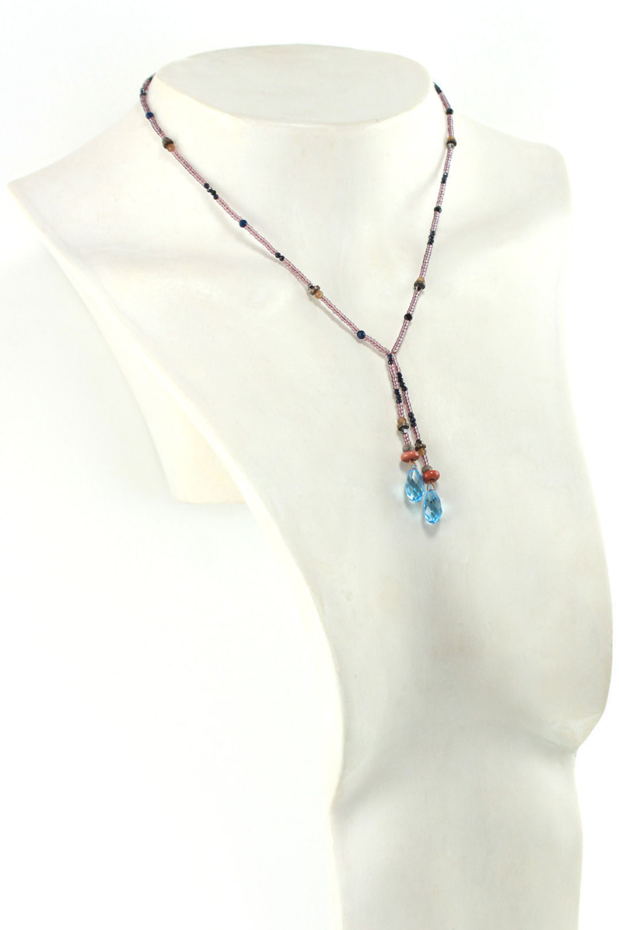 Collier lariat Royal en Cristal Bleu et perles naturelles