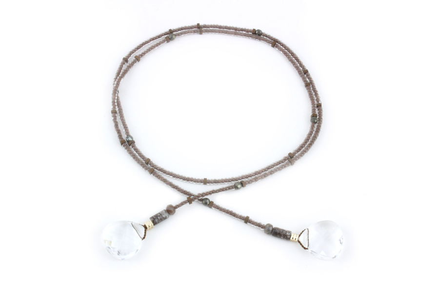 Collier lariat Subtil en Cristal & pierre de Pyrite