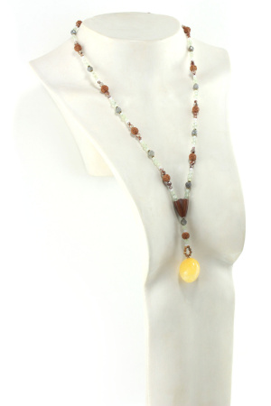 Collier lavallière en perles et bois sculpté - Bijou unique fait main