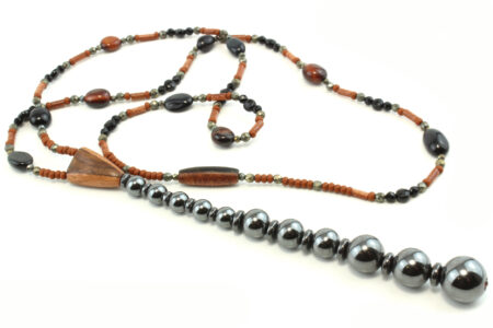 Collier lavallière ethnique en Bois exotique en perles d'Hématite