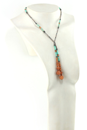 Lariat Ethnique Turquoise Gris et Orange – Bijou Totem