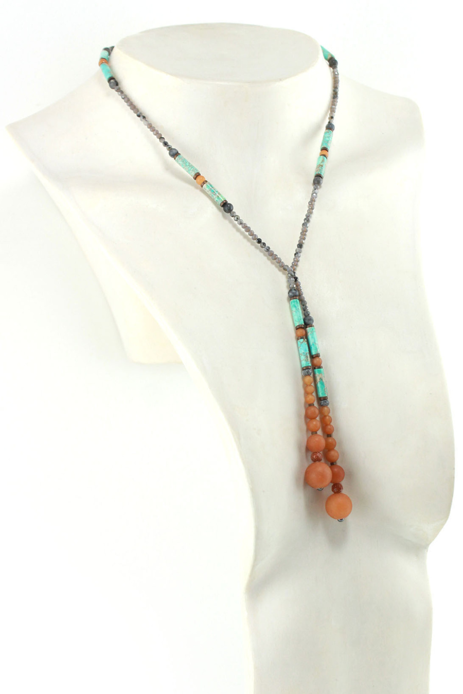 Lariat Ethnique Turquoise Gris et Orange – Bijou Totem