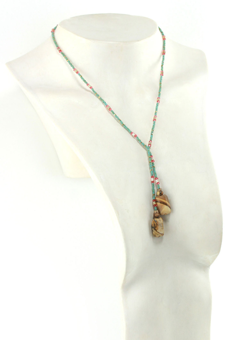 Lariat Vert et Rose orangé en Jaspe – Élégance naturelle et colorée