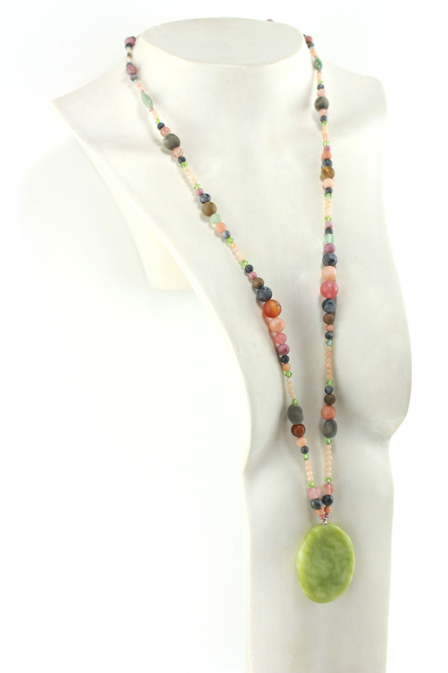 Sautoir en pierres naturelles, incluant Serpentine, Quartz et Tourmaline, bijou unique fait main.