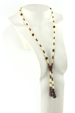 Sautoir minimaliste en bois précieux de Rose et perles naturelles de Calcite