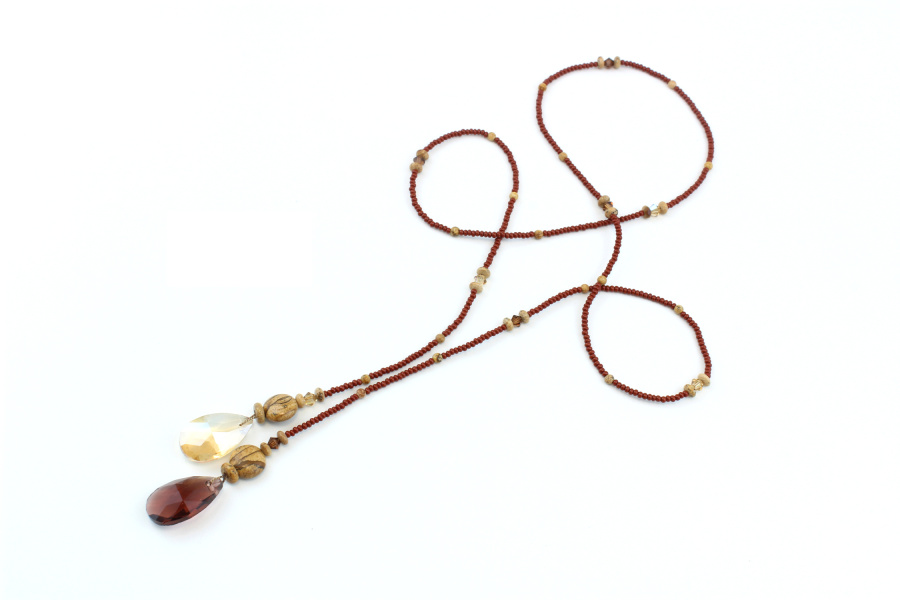 Lariat Solaire en Cristaux Marron Ambré – Chaleur Dorée & Élégance Naturelle